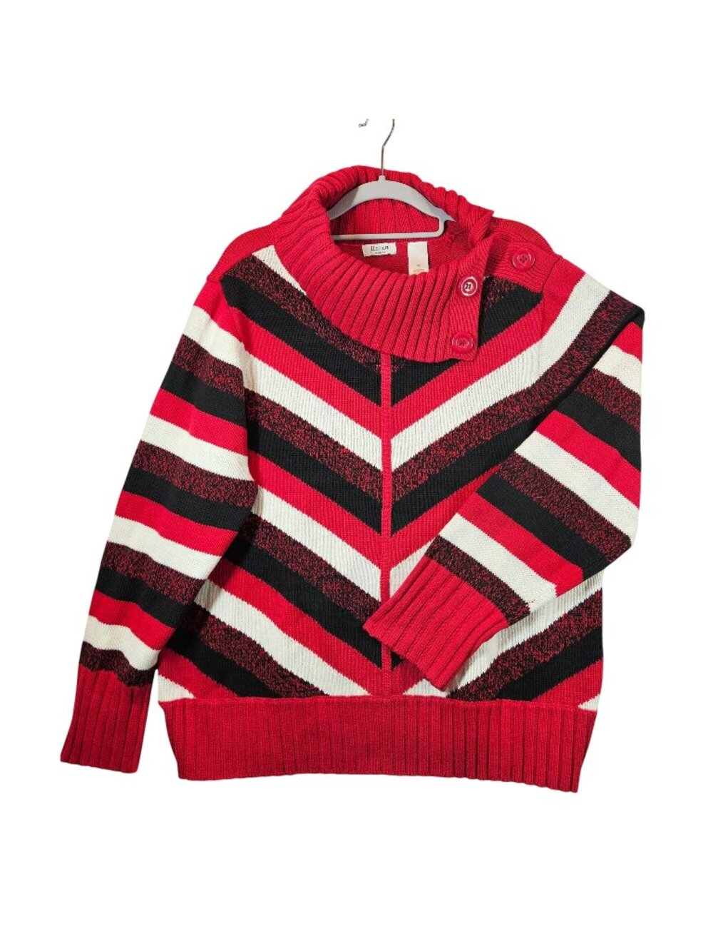 Liz & Co. Womens 3X Striped Red Black Sweater Button Cowl Collar career casual